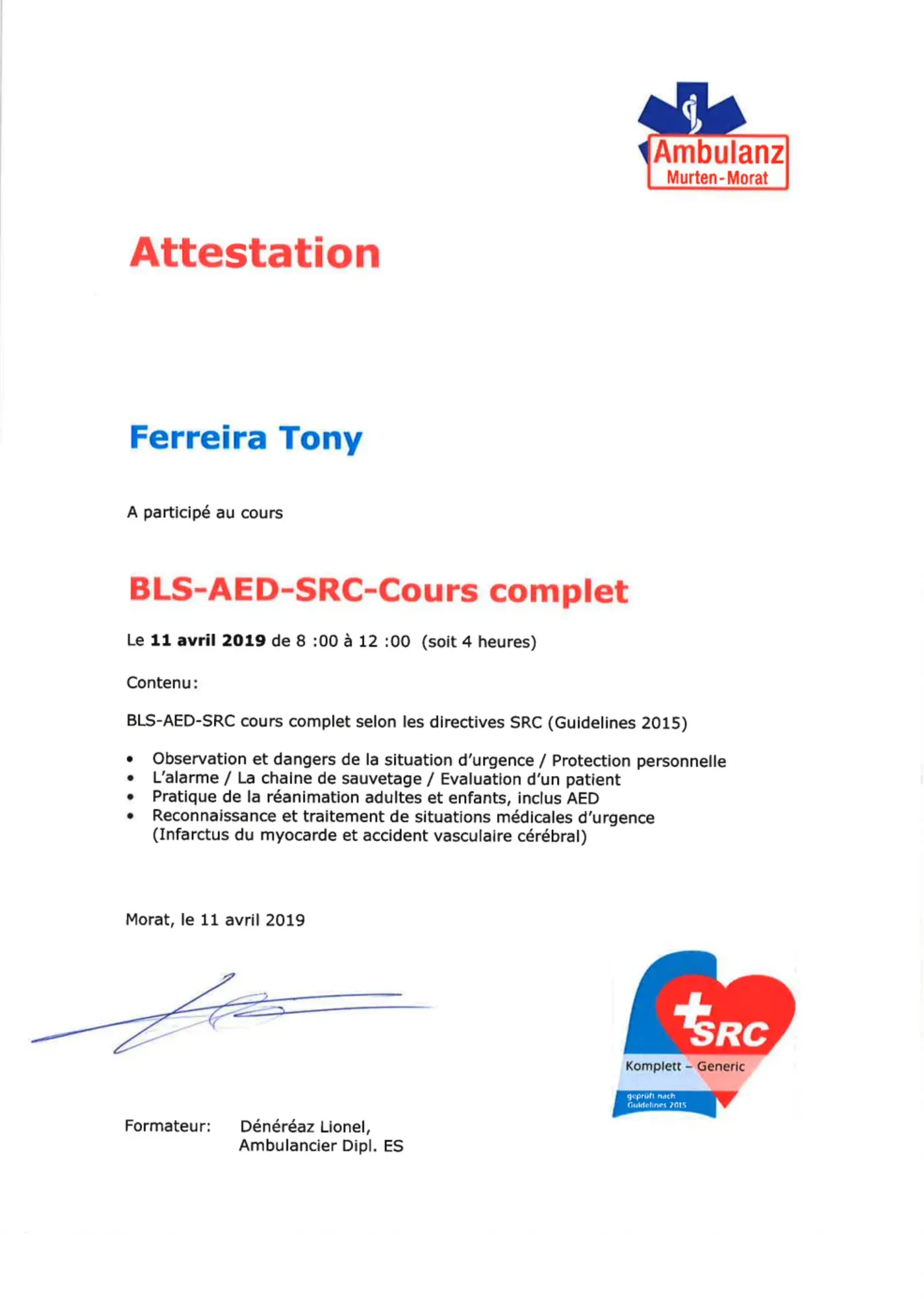 BLS-AED-SRC full course certificate of Tony Ferreira, 11 April 2019