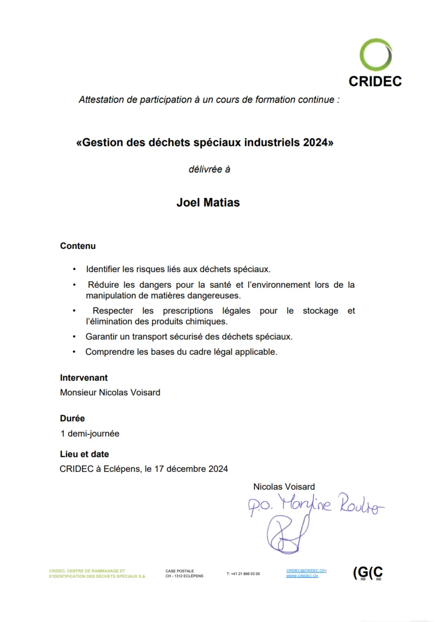 CRIDEC certificate of attendance of Joel Matias, “Gestion des déchets spéciaux industriels 2024”, 17 December 2024