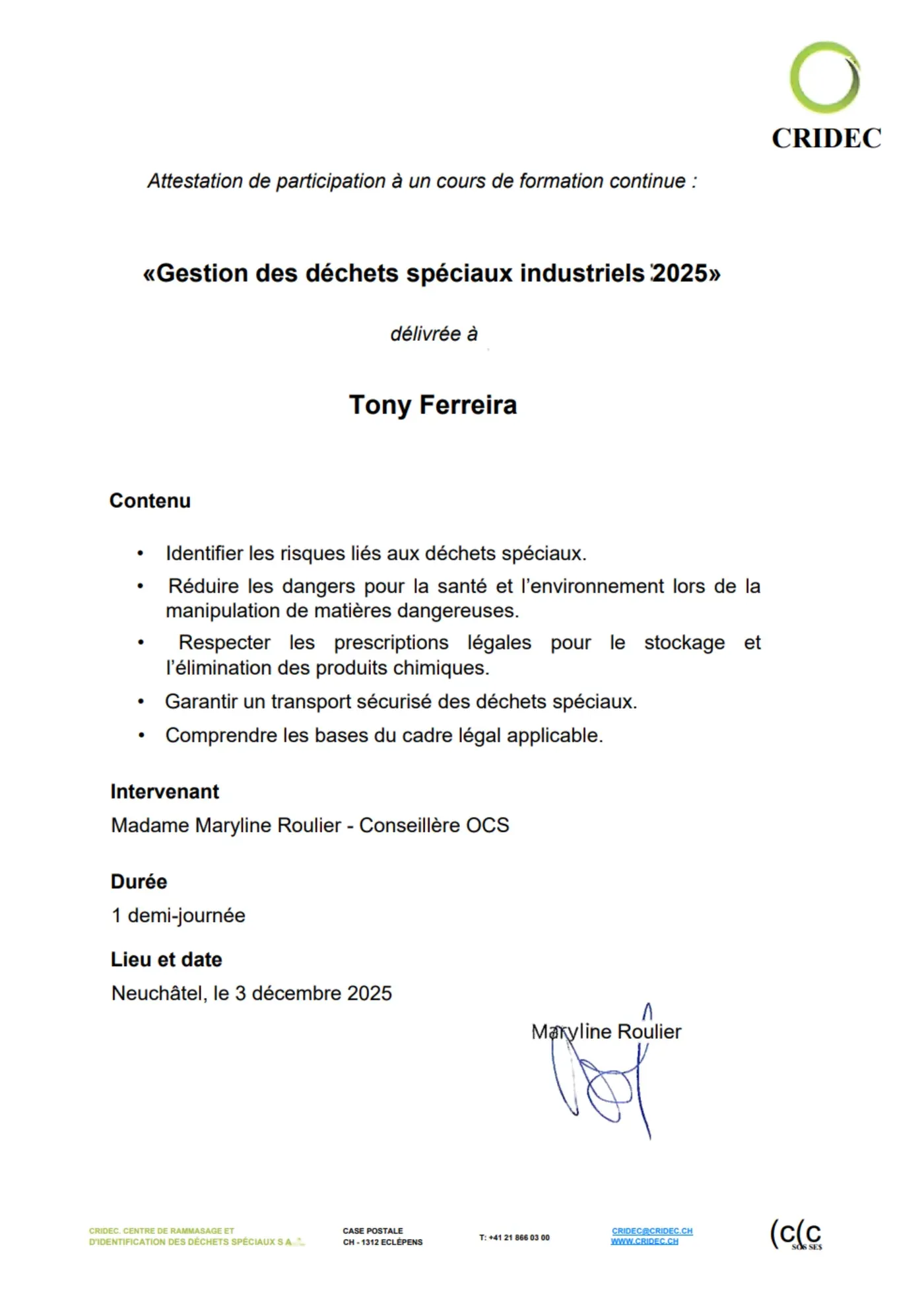 CRIDEC certificate of attendance of Tony Ferreira, “Gestion des déchets spéciaux industriels”, 3 December 2025
