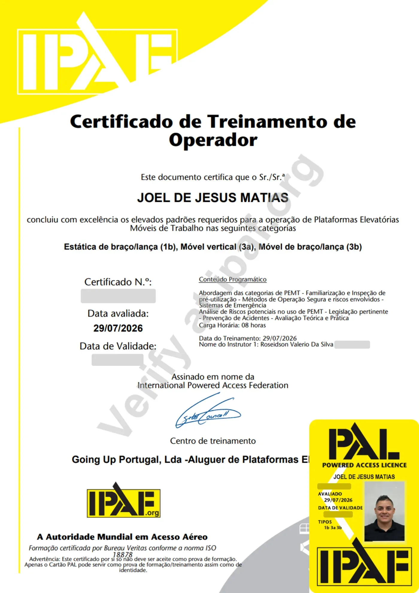 IPAF aerial work platform operator certificate of Joel Matias, categories 1b, 3a and 3b, 29 July 2026