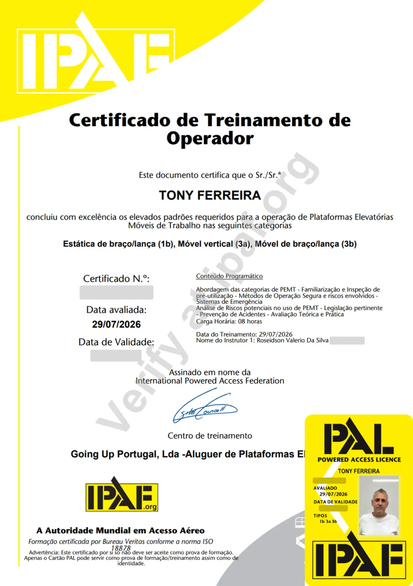 IPAF aerial work platform operator certificate of Tony Ferreira, categories 1b, 3a and 3b, 29 July 2026