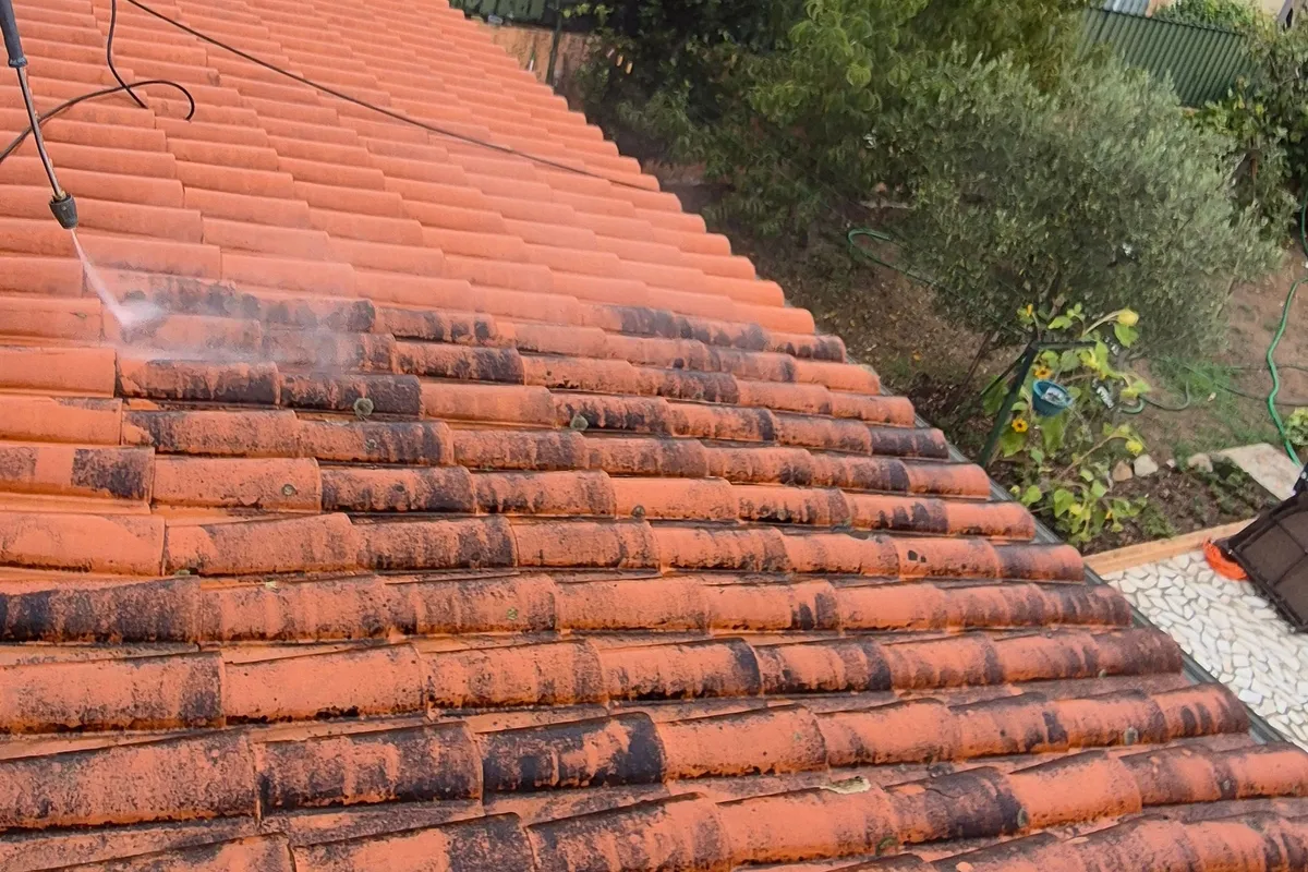 Limpeza em curso de um telhado de telha com uma lança, telhas limpas em cima e sujas em baixo